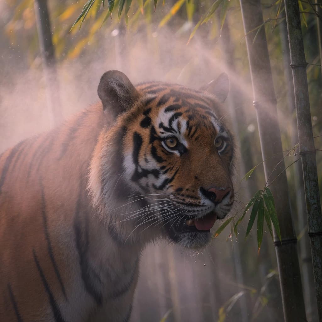 A cinematic close-up of a tiger in a misty bamboo forest at dawn