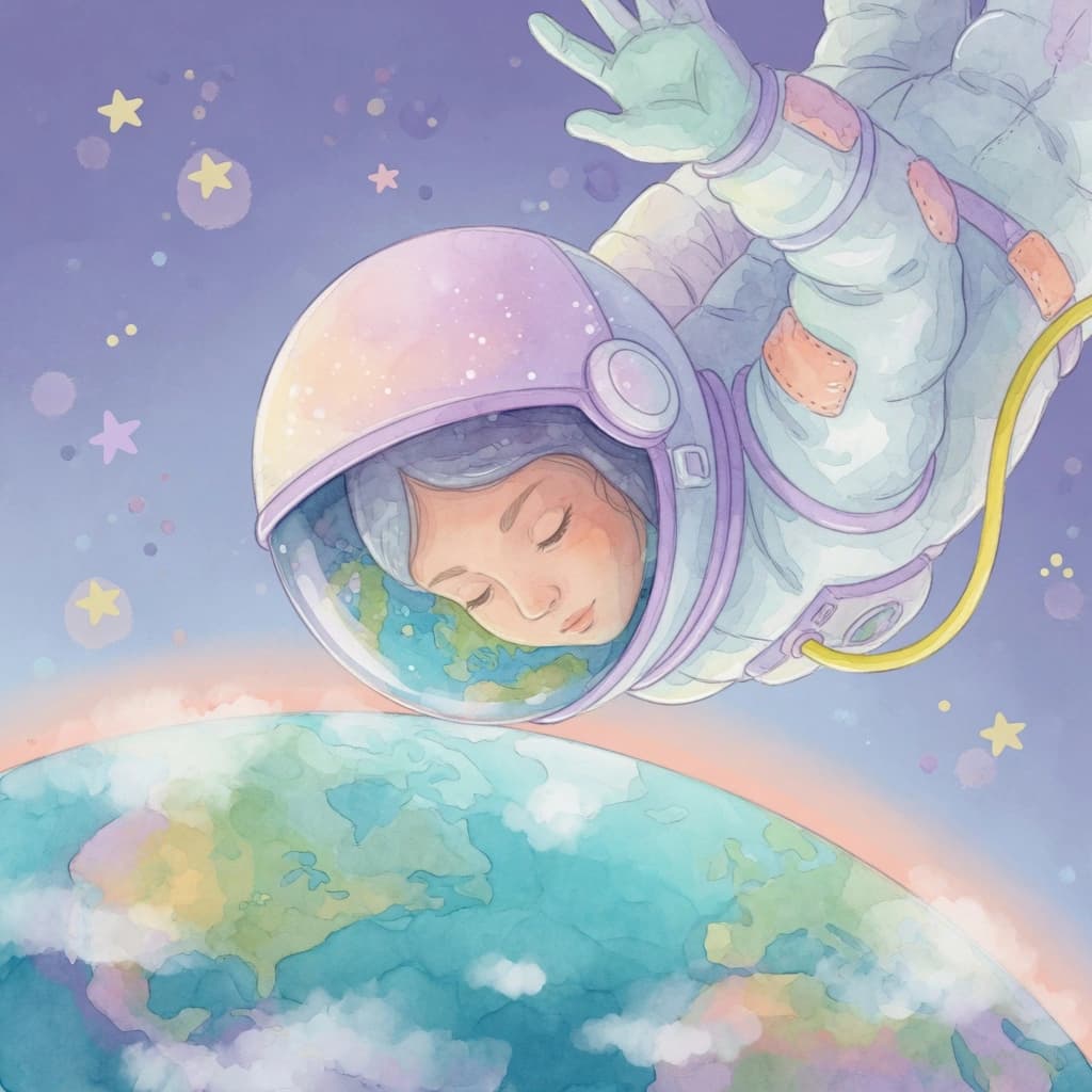 Watercolor portrait of an astronaut floating above Earth, soft pastels