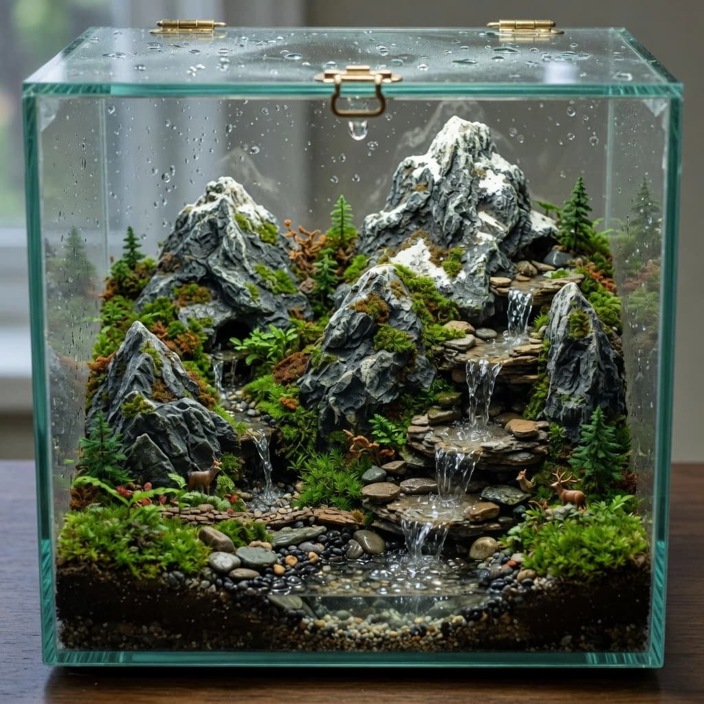 A glass terrarium with miniature mountains and tiny waterfalls inside